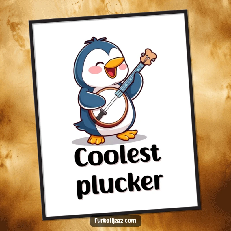 Funny penguin character playing a banjo with a cheerful expression, available as a downloadable humorous art print.