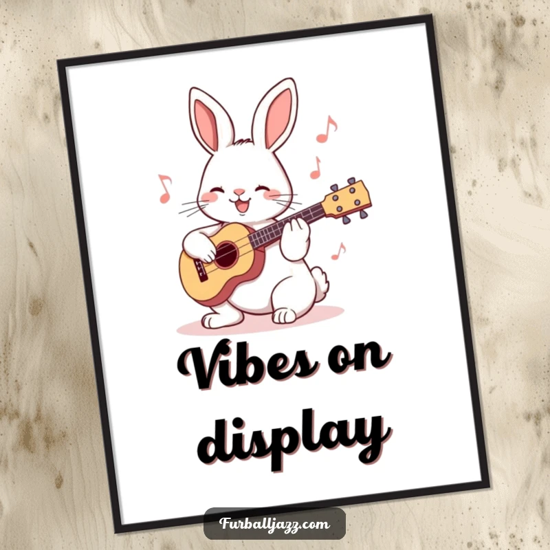 Funny Rabbit Ukulele Digital Art Print of a happy bunny playing a tiny ukulele, vibrant and cheerful, perfect for home decor.