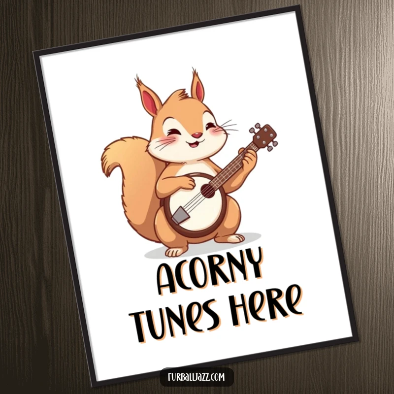 Funny squirrel playing a banjo in a digital art print, a high-resolution, humorous piece.
