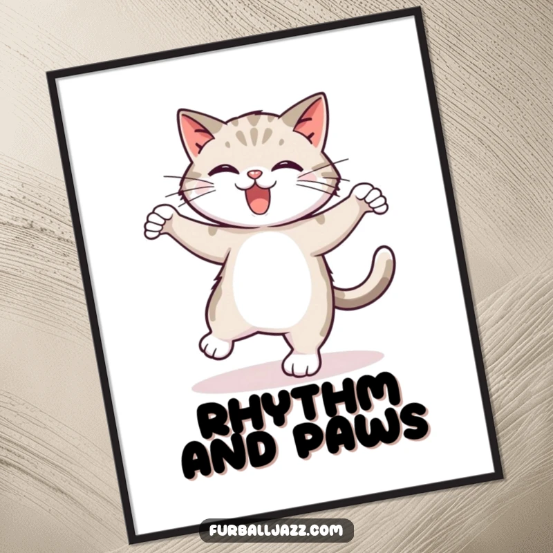 Funny tap dancing cat digital art print, showcasing a cat performing energetic tap dance moves with a joyful bounce, a humorous visual.