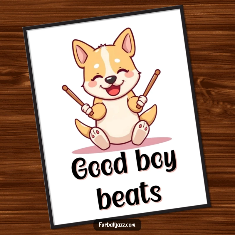 Funny dog digital art print of an energetic character tapping drumsticks on its knees, perfect for instant download of cool, humorous musical decor.