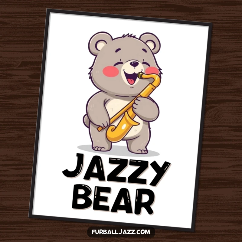 Funny bear digital art print of a joyful bear playing a saxophone with a bluesy expression, a cool and humorous piece for jazz-themed decor.