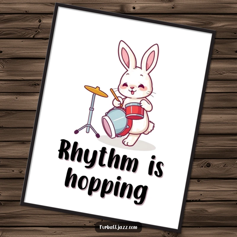 Funny bunny rabbit tapping its foot while playing drums, a humorous digital art print.