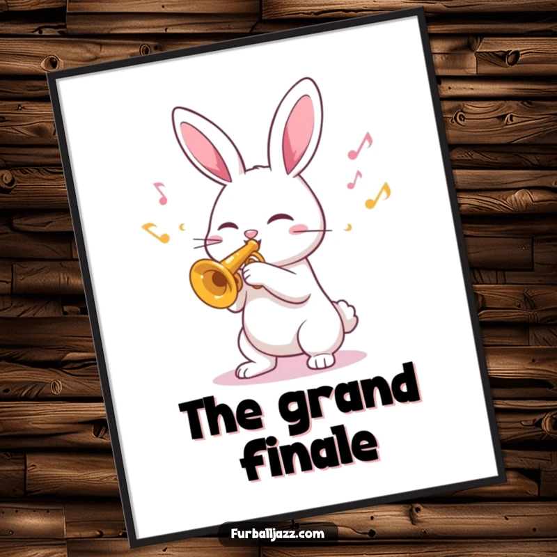 Funny Digital Art Print of a rabbit playing a trumpet with bright, happy musical notes, bringing joy to any digital space.