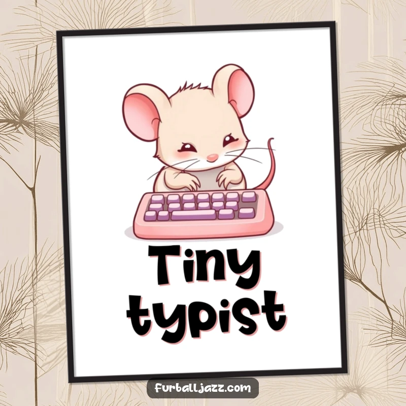 Funny mouse typing diligently on a tiny keyboard in digital art, a hilarious tech-themed gift.
