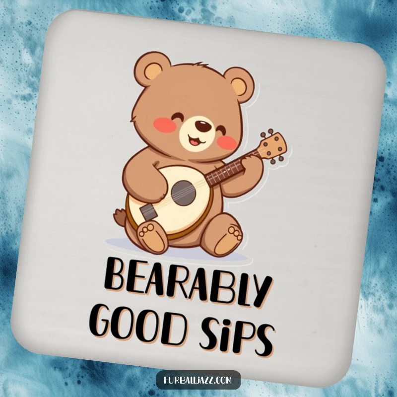 Funny bear strumming a tiny banjo with a happy expression on a drink coaster.