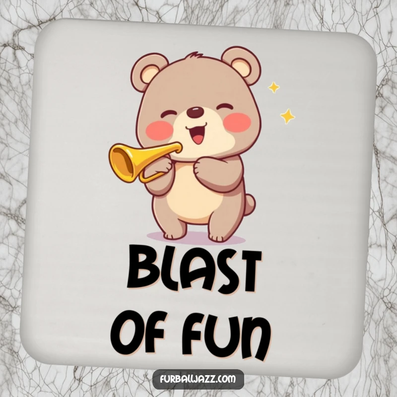 Funny Bear Trumpet Drink Coaster showcasing a happy bear playing a trumpet, ideal for adding musical and humorous flair.