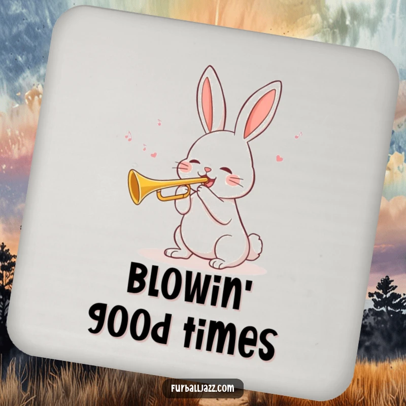 Funny Rabbit Trumpet Drink Coaster showing a cheerful rabbit blowing a tune on a trumpet, a practical and charming addition to any table.