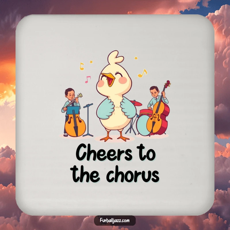 Funny drink coasters depicting a bird joyfully singing with a jazz band, adding a charming musical element to any setting.