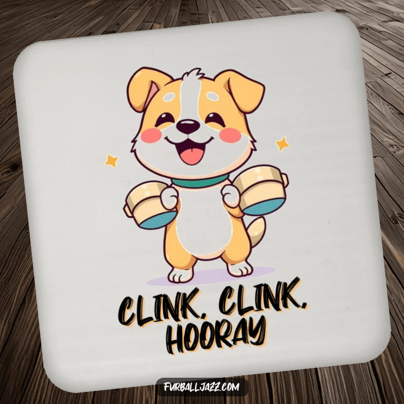 Funny dog character enthusiastically playing cymbals with a smile on a protective, fun, funny drink coaster.