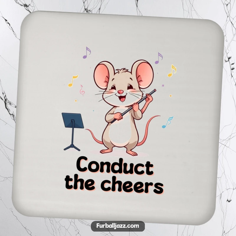 Funny mouse conducting an orchestra on a drink coaster, offering musical direction to your beverages.