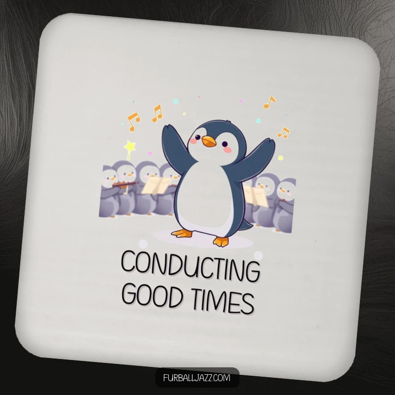 Funny Penguin Drink Coasters: A penguin maestro directing, perfect for tabletop decor and drink protection.