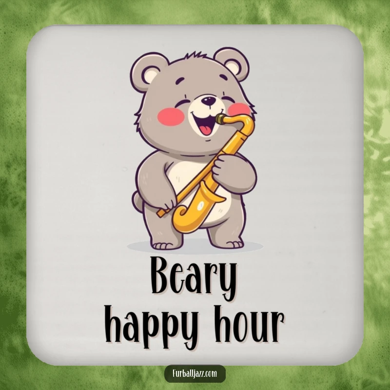 Funny bear drink coaster featuring a joyful bear playing a saxophone with a bluesy expression, offering stylish protection with a dose of jazz humor.