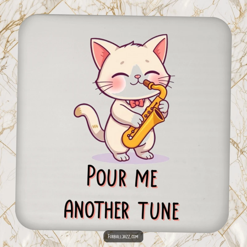 Funny cute cat playing a saxophone, adding vibrant energy to a protective, stylish, funny drink coaster.