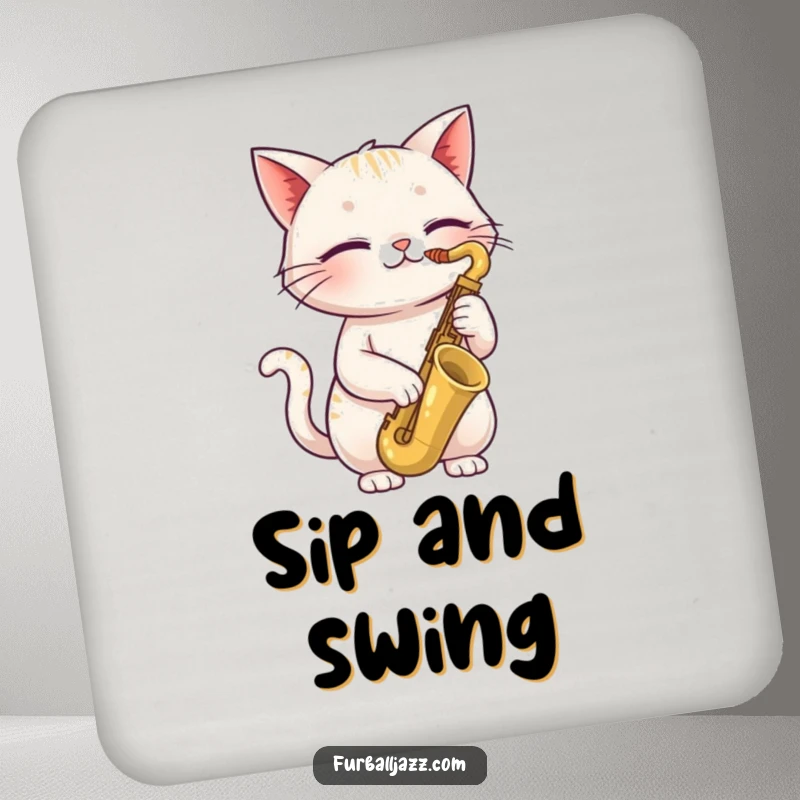 Funny cat drink coasters featuring a happy cat with closed eyes playing a saxophone, protecting surfaces with cool, humorous jazz style.