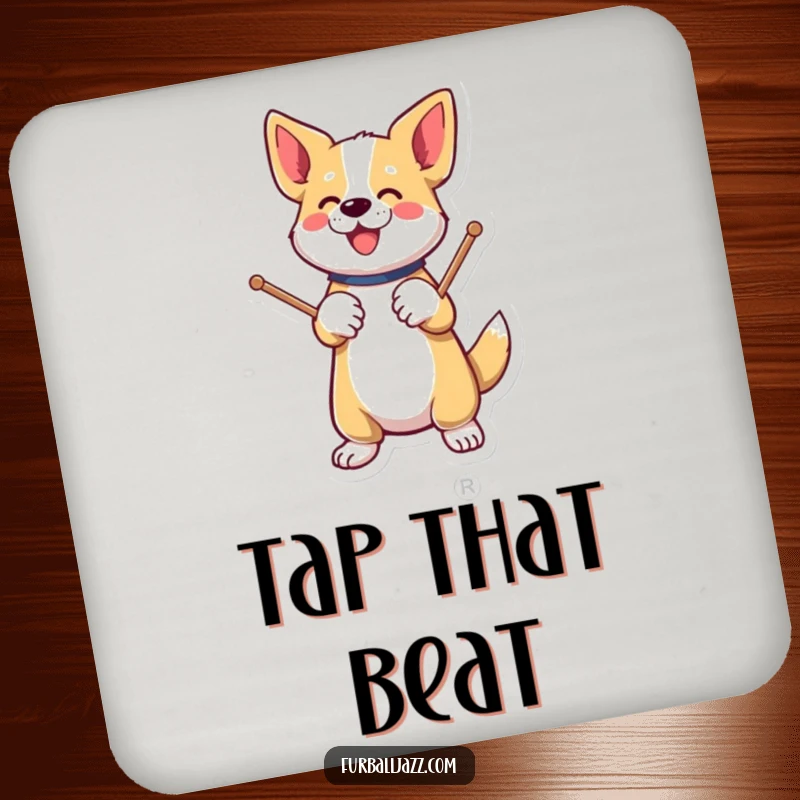 Funny dog energetically tapping drumsticks on a paw on a drink coaster.
