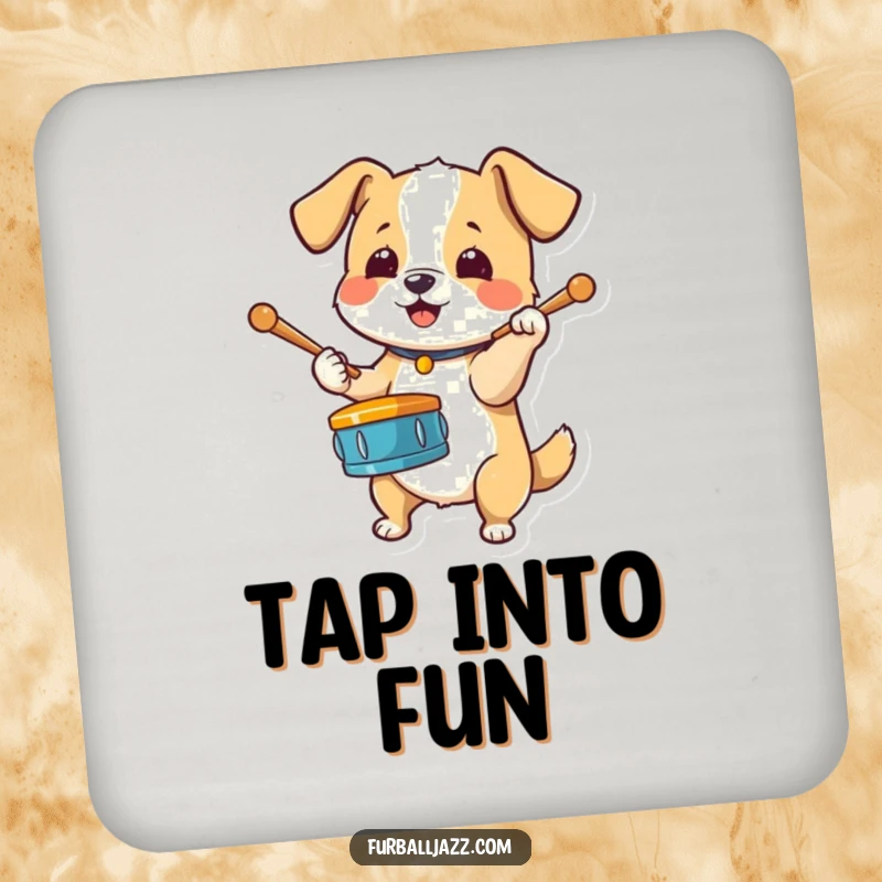 Funny Dog Drummer Drink Coaster showing an energetic dog tapping drumsticks on its paw, a practical and fun addition to any table.