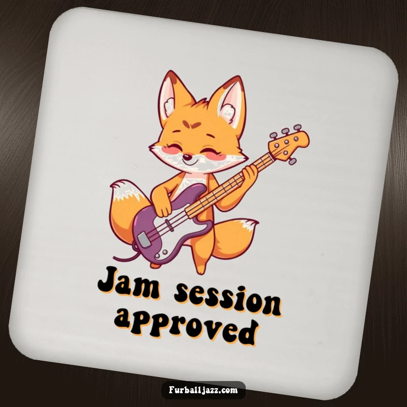 Funny fox drink coasters featuring a playful fox rocking a bass guitar, perfect for protecting tables with style.