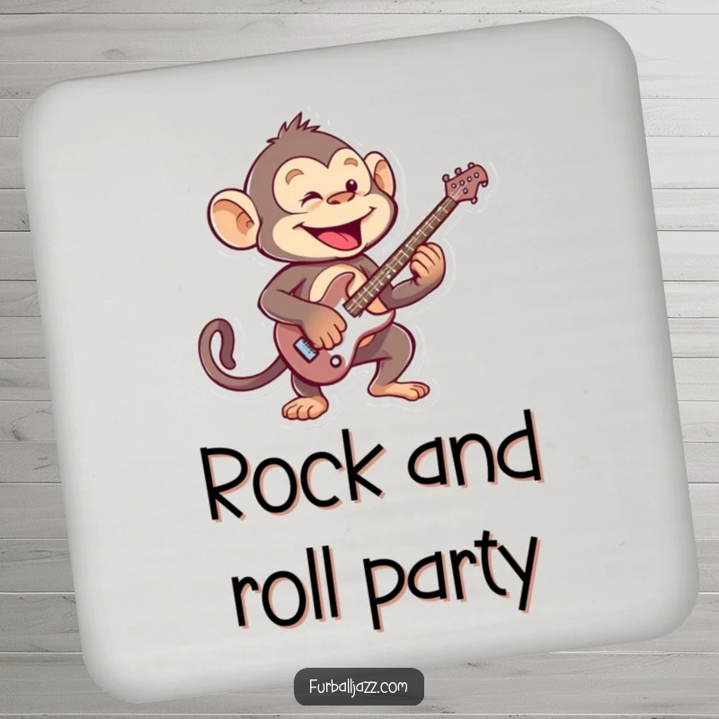 Funny mischievous monkey playing an energetic guitar solo, a humorous drink coaster for music fans.