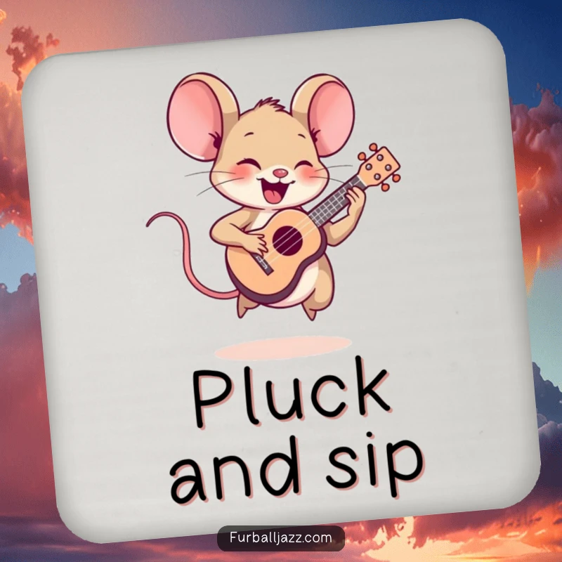 Funny mouse character playing a tiny ukulele on a drink coaster, adding musical humor to beverage service.