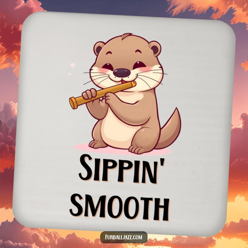Funny otter playing a jazz flute on a drink coaster, offering a smooth and humorous surface protector.