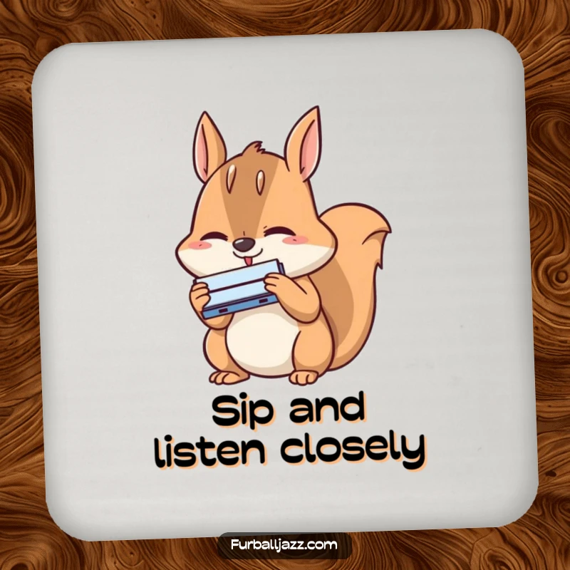 Funny squirrel harmonica drink coaster featuring a happy squirrel intensely concentrating while playing a tiny harmonica, adding charm and protection.