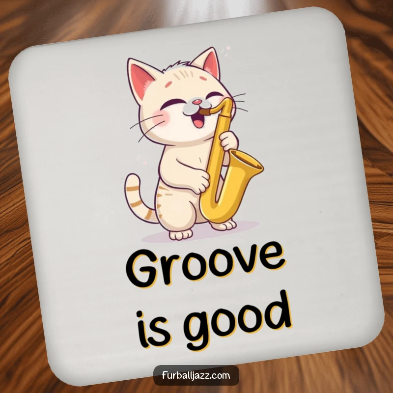 Funny Cat Saxophone Drink Coaster showing a joyful cat with a tilted head playing a saxophone, a cool and practical addition to any table.