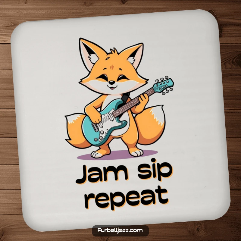 Funny fox character grooving on an electric guitar, a set of funny drink coasters.