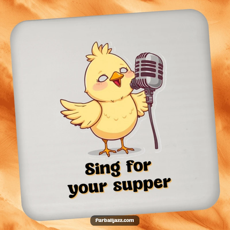 Funny drink coasters showcasing a whimsical bird singing into a vintage microphone, adding playful and protective musical charm.