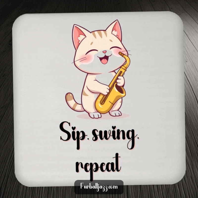Funny Cat Saxophone Coaster featuring a joyful cat playing a saxophone, perfect for protecting furniture with cool, jazzy charm.