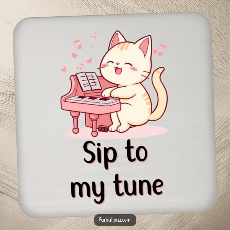 Funny cat coasters featuring a cat playing piano, protecting surfaces with a touch of humor and musical charm.