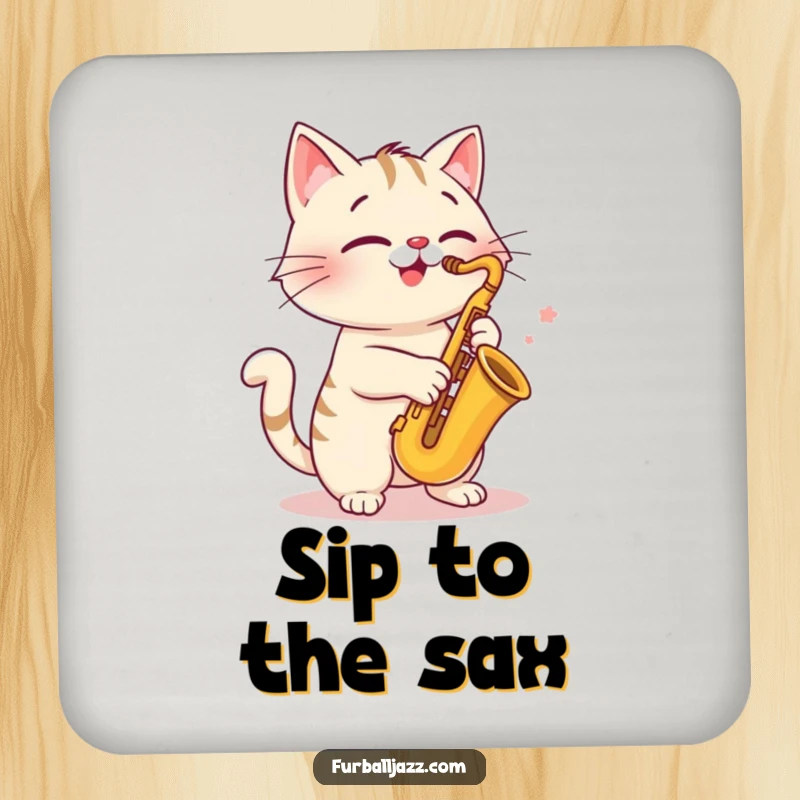 Funny cat saxophone coaster, cheerfully playing music, protecting surfaces with feline funk and humor.