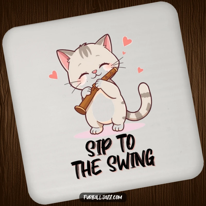 Funny Cat Coaster: A cool cat playing a clarinet with rhythm, adding jazzy humor and protecting surfaces. Perfect funny gift.