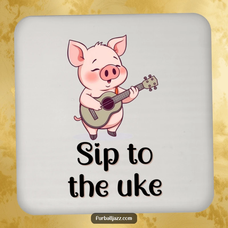 Funny Pig Drink Coasters: A charming pig with a ukulele, protecting surfaces with musical flair.