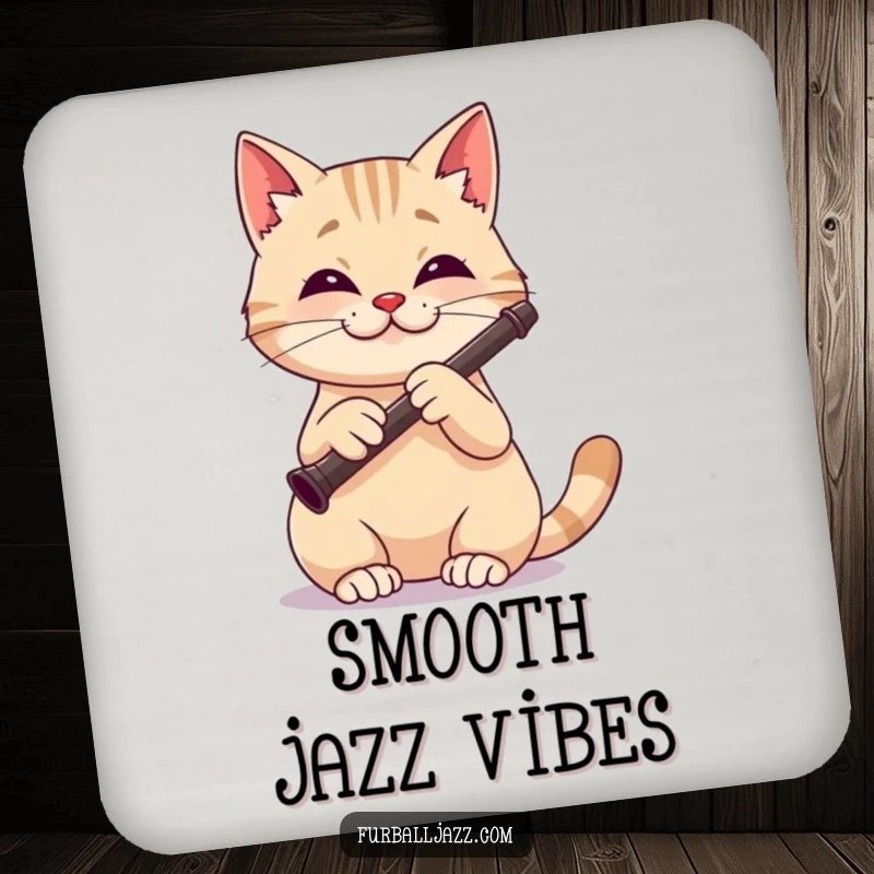 Funny cat drink coaster featuring a focused and happy cat playing a clarinet with a pleasant expression.
