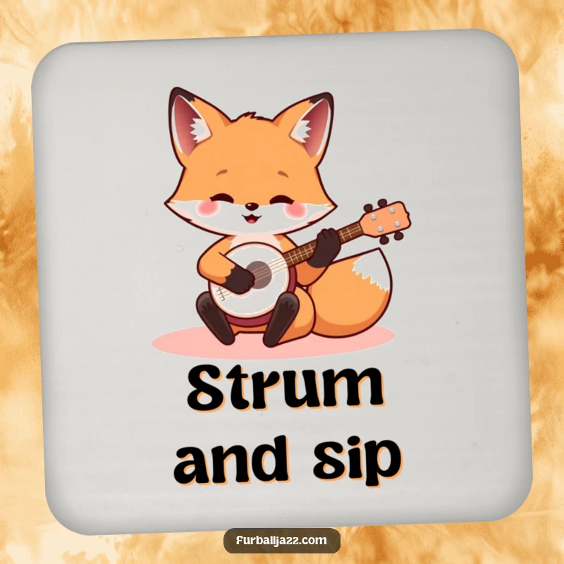 Funny banjo fox coasters featuring a cheerful fox playing a miniature banjo, protecting surfaces with musical charm.