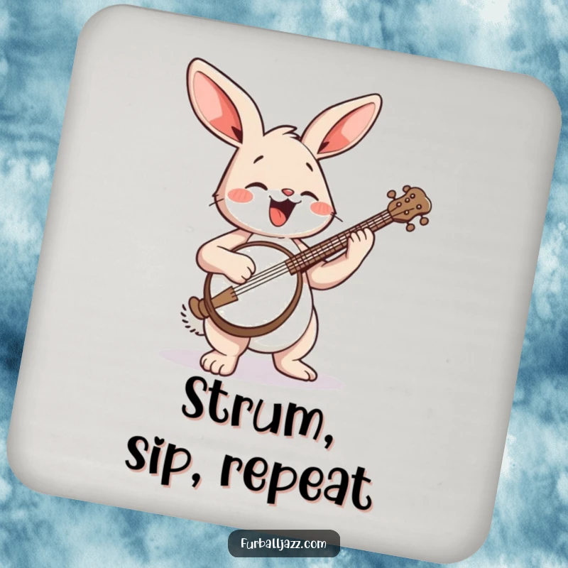 Funny Rabbit Drink Coasters: A charming rabbit with a banjo, protecting surfaces with musical flair.