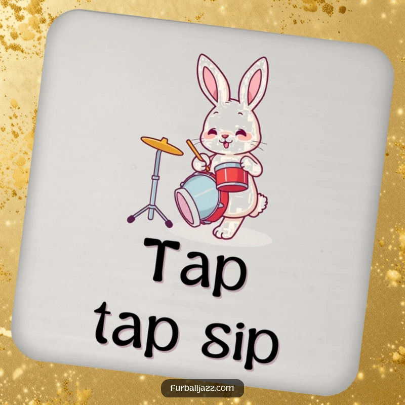 Funny bunny rabbit tapping its foot while playing drums, a set of funny drink coasters.