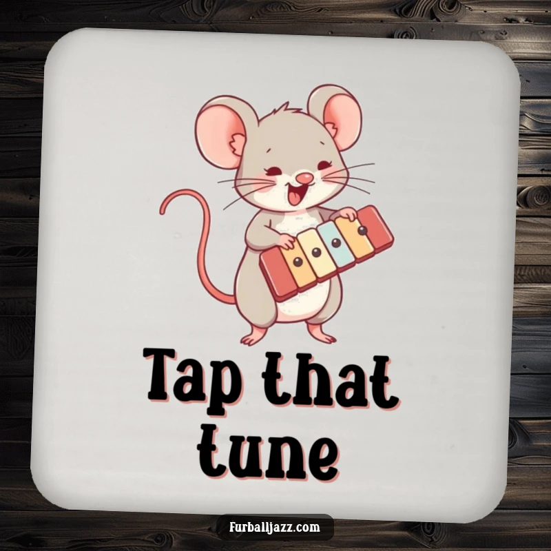 Funny drink coasters showcasing an energetic mouse playing a xylophone, adding playful and protective musical charm.