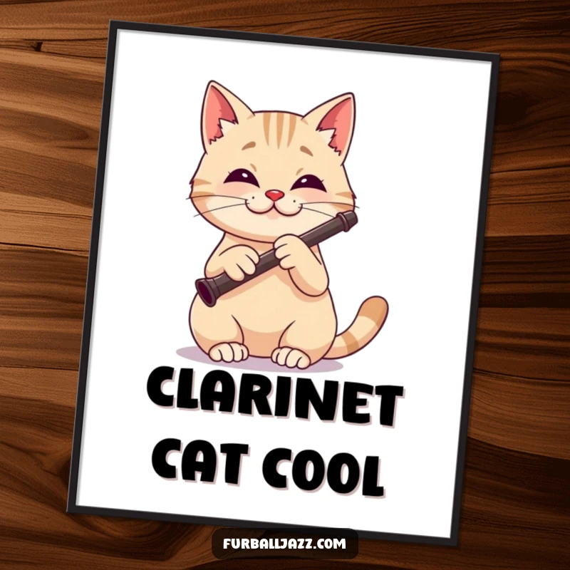 Funny cat poster artwork of a focused and happy cat playing a clarinet with a musical expression.