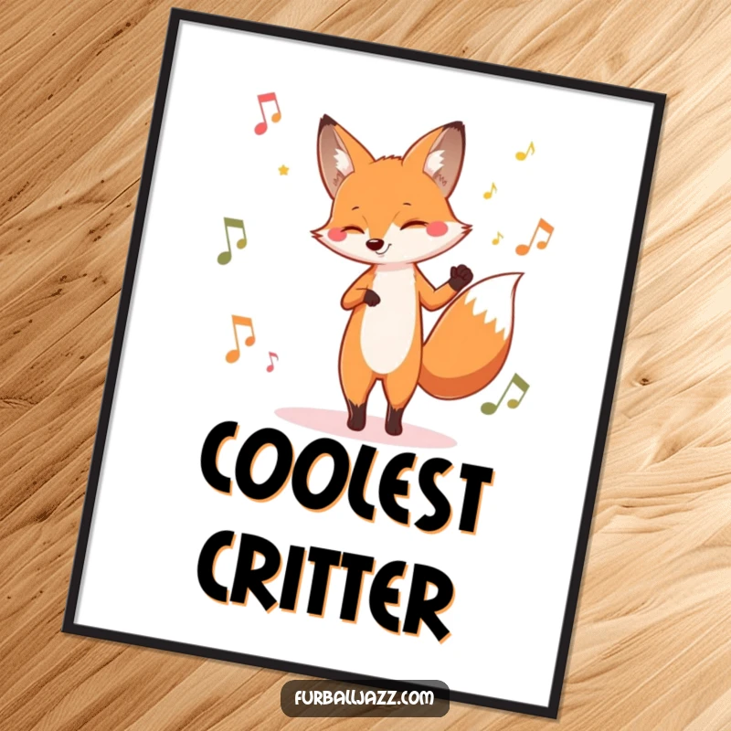 Funny fox poster featuring a stylish fox tapping its foot to a jazzy beat, creating a cool and humorous musical ambiance.