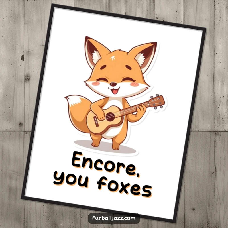 Funny fox character strumming a tiny, stylized guitar with glee, creating a dynamic and funny piece of wall art.