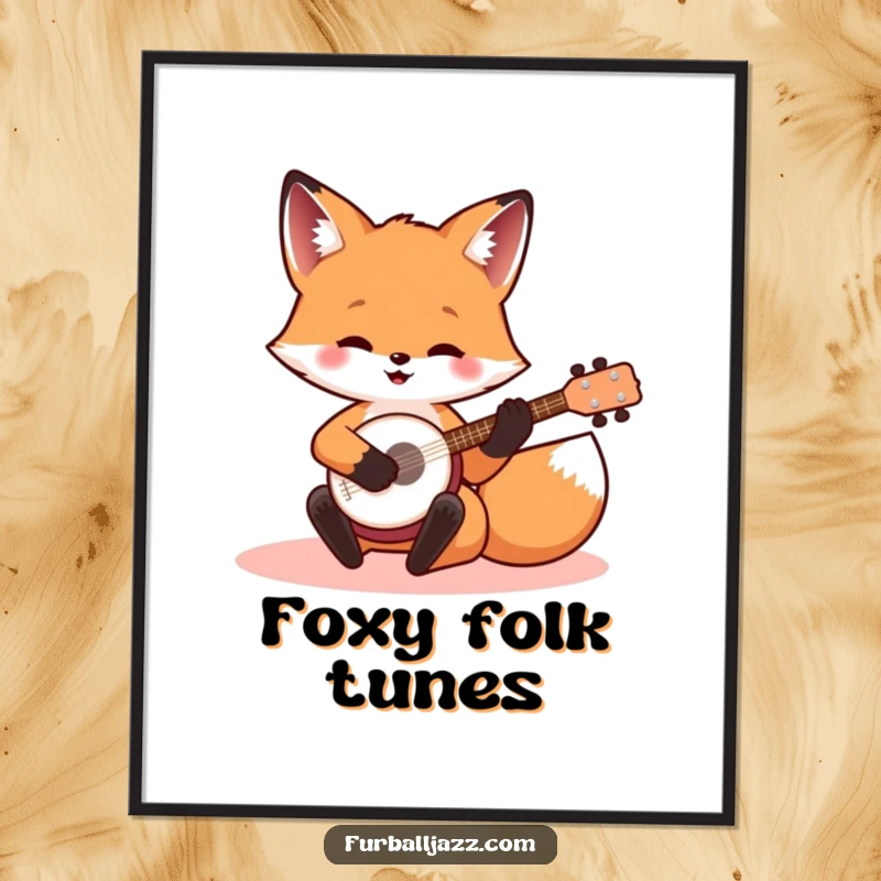 Funny banjo fox poster depicting a happy fox strumming a tiny banjo, bringing whimsical musical art to any room.