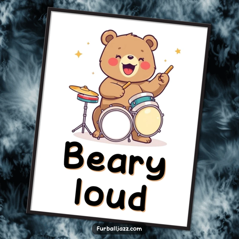 Funny bear poster showcasing a bear intensely playing a drum set, capturing the essence of energetic musical performance.