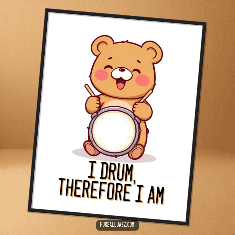 Funny bear character joyfully tapping drumsticks on a snare drum, creating a dynamic and funny piece of wall art.