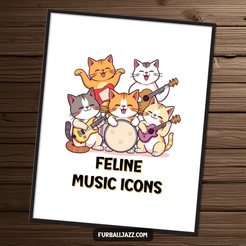 Funny cat poster artwork of a group of cats joyfully jamming together on various musical instruments.