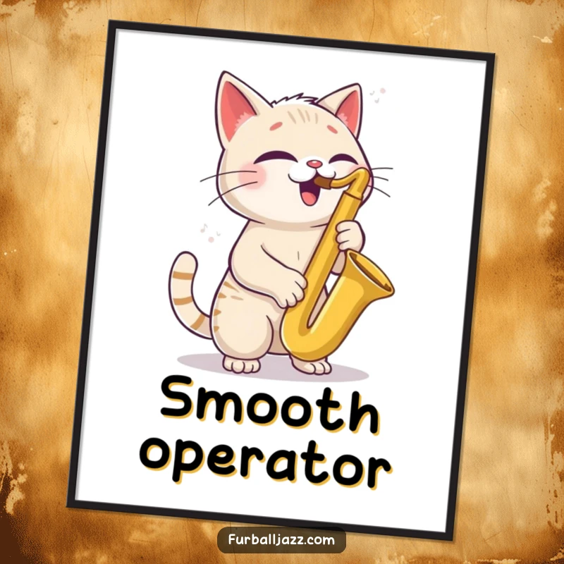Funny Cat Saxophone Poster featuring a joyful cat with a tilted head playing a saxophone, adding a cool musical ambiance to any space.