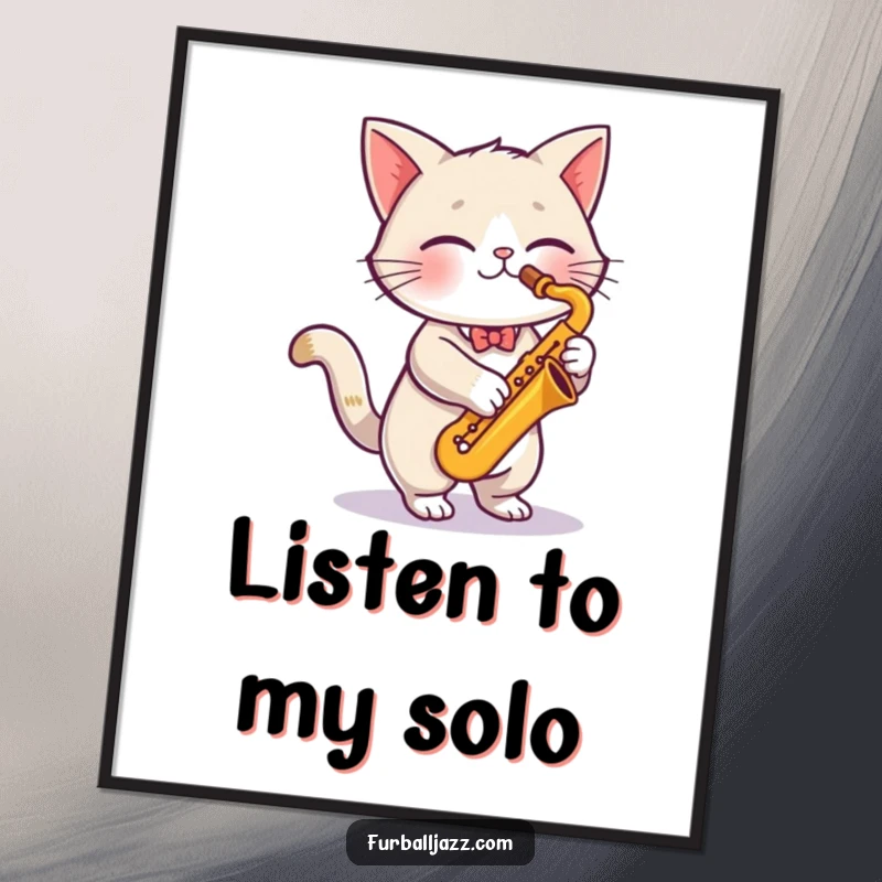 Funny cute cat energetically playing a saxophone, creating a visually dynamic and funny piece of wall art.