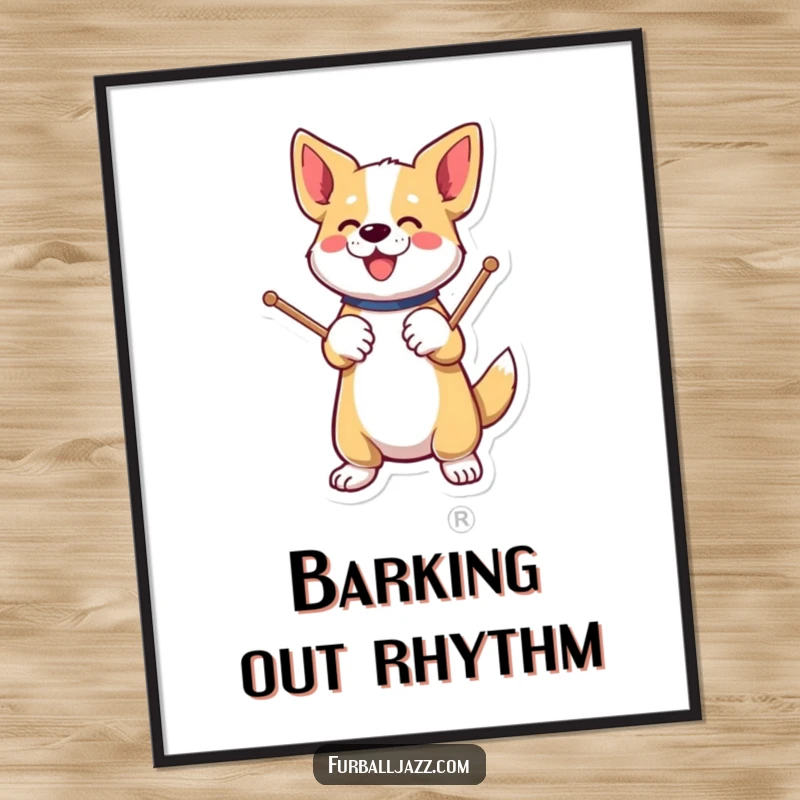Funny dog energetically tapping drumsticks on a paw, as funny wall art.