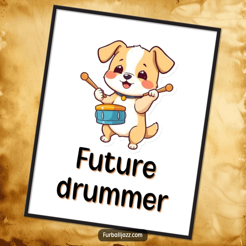 Funny Dog Drummer Poster depicting an energetic dog enthusiastically tapping drumsticks on its paw, bringing vibrant rhythm to any room.